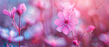 A close up of a delicate pink flower in soft focus against a blurred background, showcasing its intricate details and vibrant hue