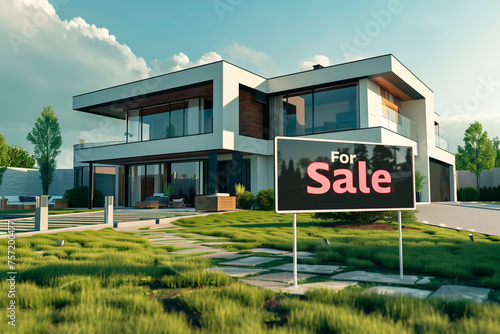 For sale sign in front of a modern house. Purchase and sale of housing. Realtors