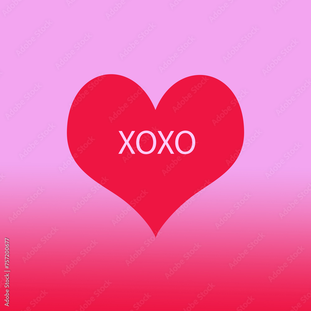 Simple single red heart on pink and red background symbolising love, XOXO in text on the heart Simple single red heart on pink and red background symbolising love, XOXO in text on the heart