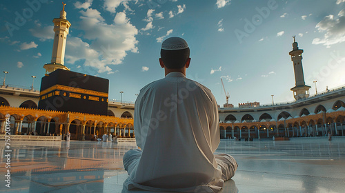 muslim praying in front of khaana kaaba, eid, hajj , pilgrim praying, eid greeting  photo