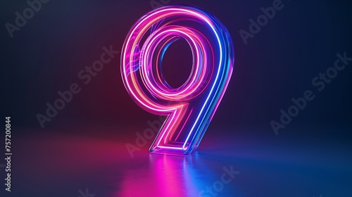 3d rendering. Neon number nine. Glowing colorful line inside the glass symbol 9 shape. Top char