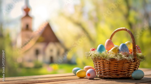 Traditional Easter  basket full of colorful eggs and small church in the background