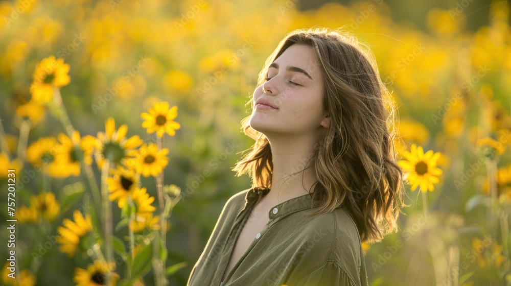 A peaceful young woman with closed eyes, enjoying the serene beauty of a sunflower field in the golden light of sunset. A peaceful young woman with closed eyes, enjoying the serene beauty of a sunflower field in the golden light of sunset.