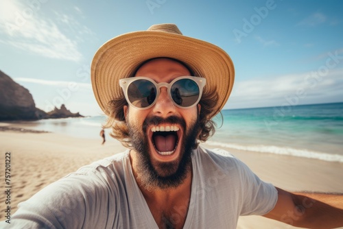 man on the beach wearing hat and sunglasses taking photos photo