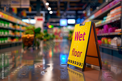 Yellow sign Wet floor. Wet floor in a supermarket. Cleaning company signs photo