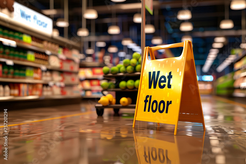 Yellow sign Wet floor. Wet floor in a supermarket. Cleaning company signs
