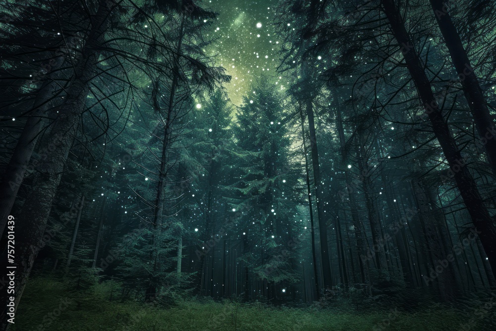 Forest at night with stars - obrazy, fototapety, plakaty 