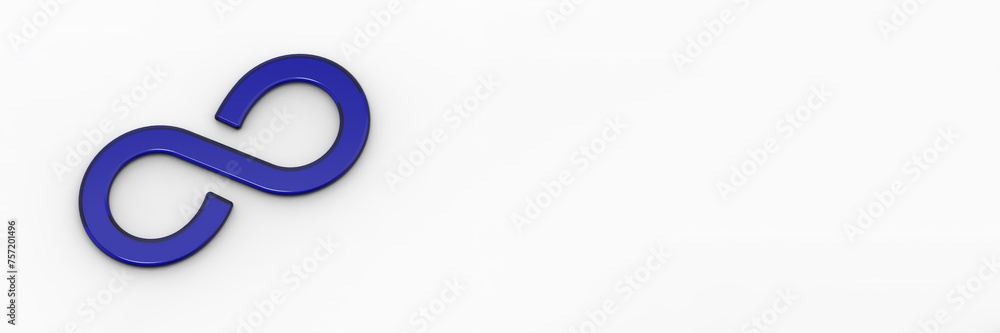 Blue infinity sign on a white background. Symbol of infinity in anything. The infinity of time. An endless cycle. Unlimited possibilities. Unity 3d image. 3D visualization. Horizontal image. Blue infinity sign on a white background. Symbol of infinity in anything. The infinity of time. An endless cycle. Unlimited possibilities. Unity 3d image. 3D visualization. Horizontal image.