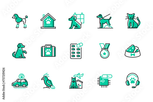 Care and treatment of pets - set of line design style icons isolated on white background. High quality images of dogs, cats and parrots. Specialized food, veterinarian support, medications, rewards