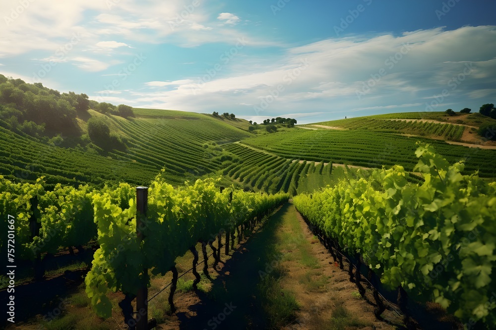 Summer Vineyard: Rows of lush grapevines in a sunlit vineyard, capturing the essence of summer and winemaking.

