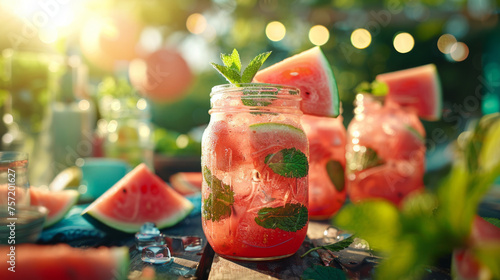 Vibrant watermelon cocktail in a mason jar surrounded by slices of watermelon with a backdrop of warm sunset light
