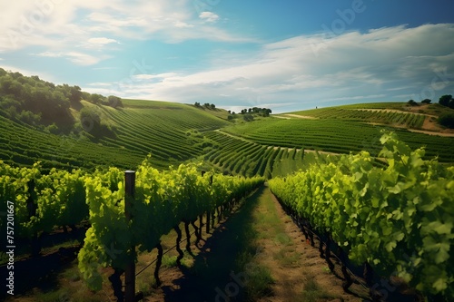 Summer Vineyard: Rows of lush grapevines in a sunlit vineyard, capturing the essence of summer and winemaking.