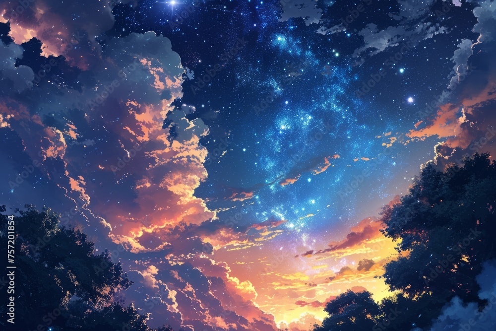 Anime style Night sky with stars and trees