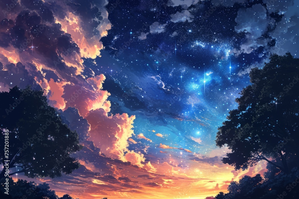 Anime style Night sky with stars and trees