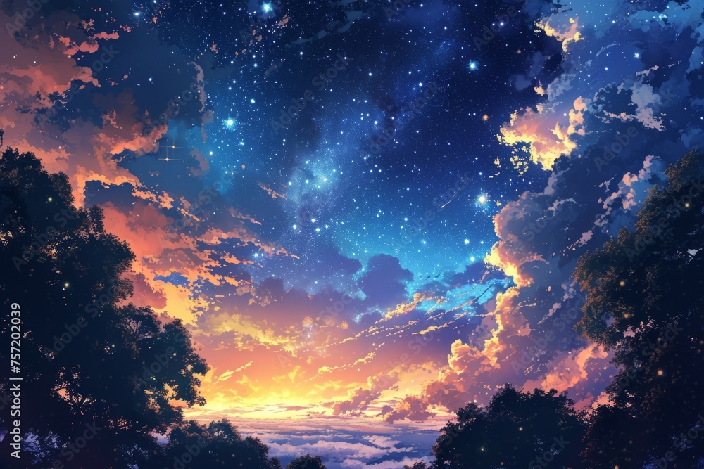 Anime style Night sky with stars and trees