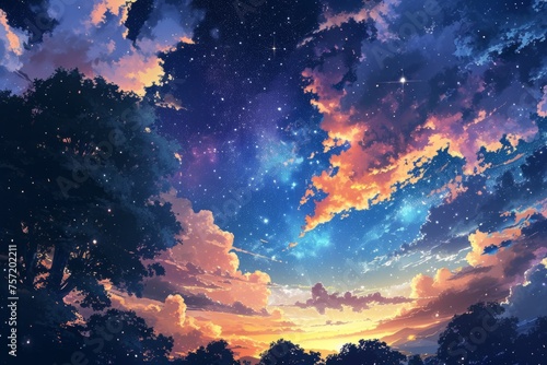 Anime style Night sky with stars and trees © STOCKAI