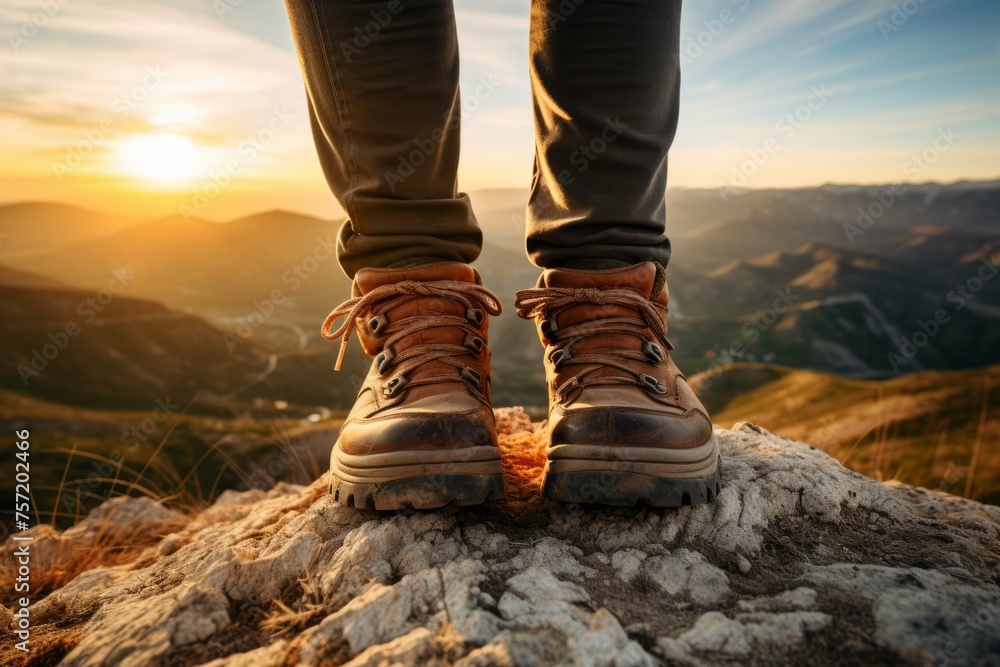 hiking boots with landscape of rugged mountains in distance hiking boots with landscape of rugged mountains in distance