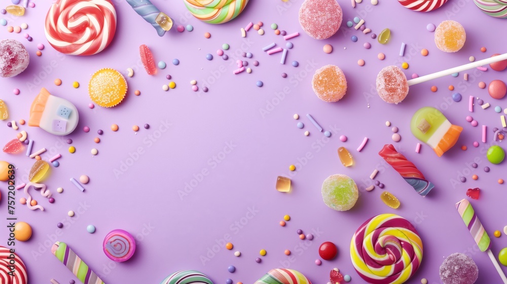 Top View of Colorful Lollipops and Jelly Candies With Sprinkles on a Purple Background Framing Central Copy Space for Sweet Designs Top View of Colorful Lollipops and Jelly Candies With Sprinkles on a Purple Background Framing Central Copy Space for Sweet Designs