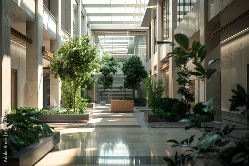 view of a hospital atrium, with cascading natural light, elegant architecture, and greenery, creating a harmonious and uplifting space in 16k cinematic detail.