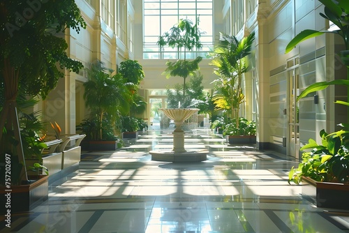 view of a hospital atrium, with cascading natural light, elegant architecture, and greenery, creating a harmonious and uplifting space in 16k cinematic detail. © Artistic_Creation