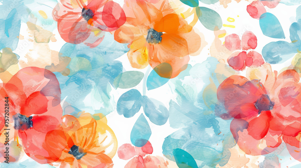 This artwork features watercolor flowers in shades of red and orange, blending with abstract watercolor strokes