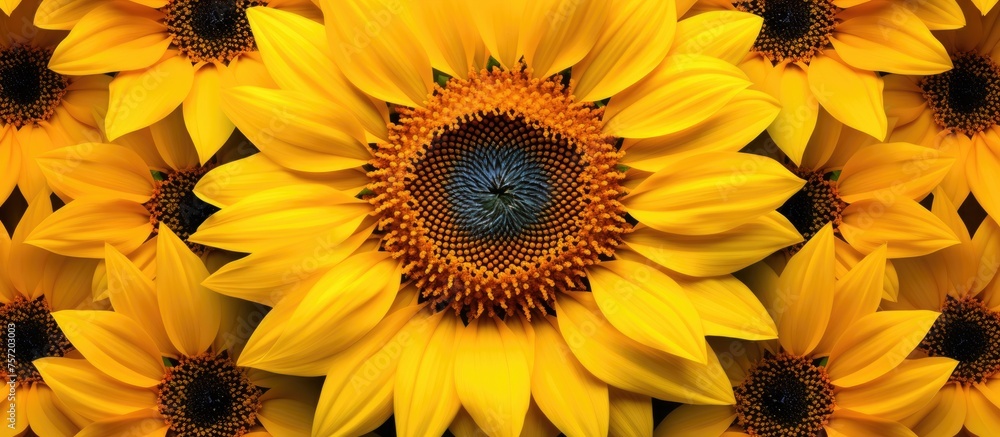 A bunch of vibrant sunflowers are arranged together on a table, showcasing their beauty and bright yellow petals. These flowering plants add a touch of sunshine to any event or cuisine display A bunch of vibrant sunflowers are arranged together on a table, showcasing their beauty and bright yellow petals. These flowering plants add a touch of sunshine to any event or cuisine display