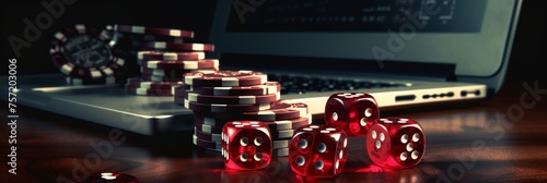 Stack of casino chips and dice on laptop keyboard, gambling banner, online casino concept
