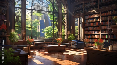 Sprawling Library With Books and Plants © Amir