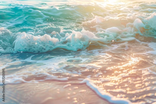 Beautiful background image with natural flowing transparent sea turquoise water of surf, with white foam backlit by rays of sun.