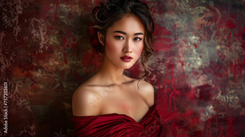 A white-skinned Asian, beautiful, attractive woman. Confident elegant woman in a red dress. There is a predominantly red background.