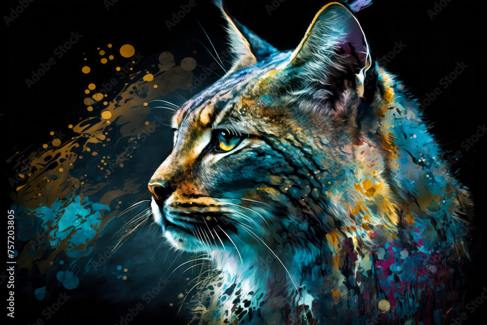 An artistic, color, realistic portrait of a lynx with abstract strokes on a black background. This is a illustration ideal for a baner or T-shirt graphic. Generative AI