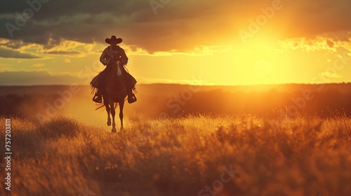 a man riding a horse in a field with a sunset