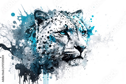 An artistic, color, realistic portrait of a snow leopard with abstract strokes on a white background. This is a illustration ideal for a baner or T-shirt graphic. Generative AI photo