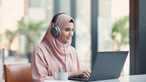 Woman Using Laptop With Headphones