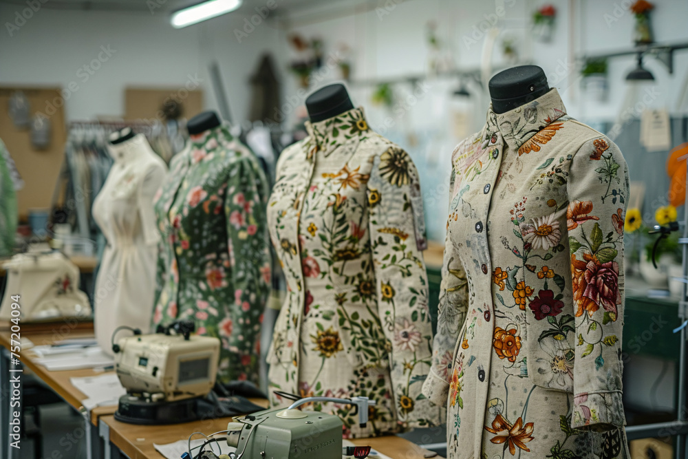 Tailor's mannequins with various patterned garments in a fashion designer's workshop. Design for textile, interior, poster