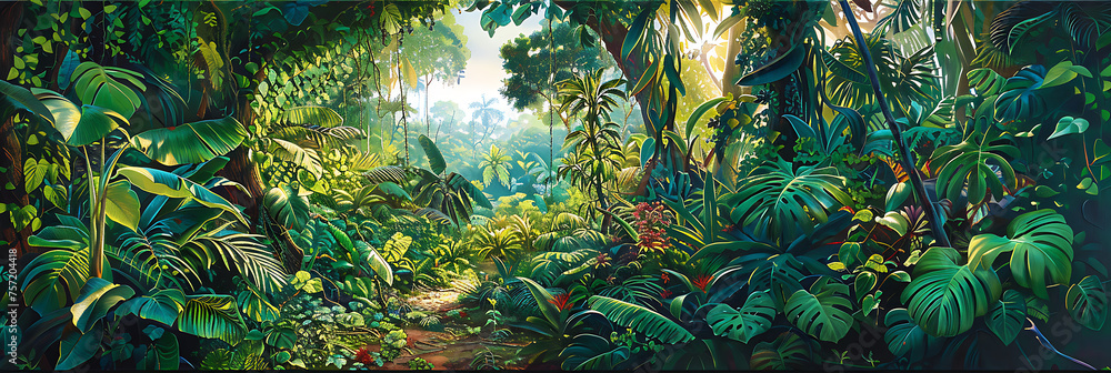 a lush tropical forest scene, with dense foliage framing an open space, inviting viewers to immerse themselves in the wonders of nature