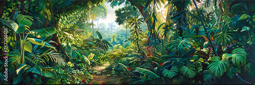 a lush tropical forest scene  with dense foliage framing an open space  inviting viewers to immerse themselves in the wonders of nature