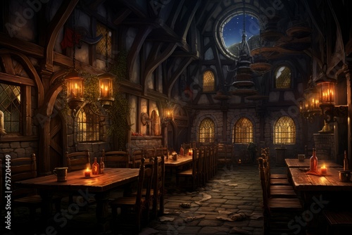 dining room in a fantasy town with a candlelit window