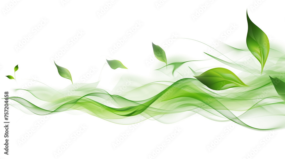 Obraz premium green leaves flying wave swirling motion abstract background, on white background.