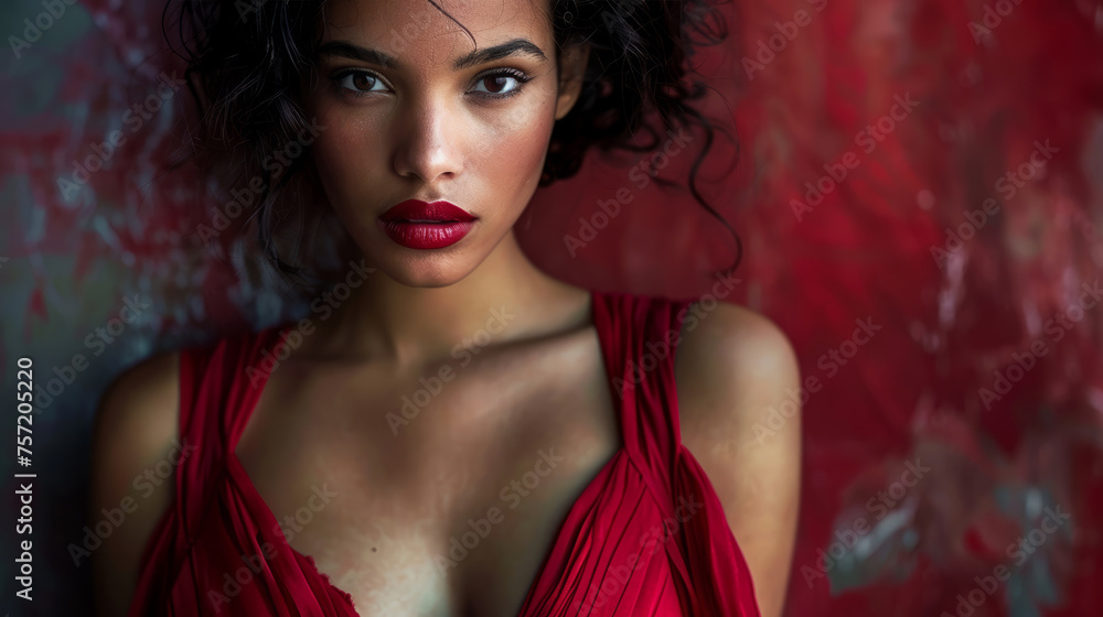 A beautiful, attractive and brunette woman of mixed race with short wavy hair. Confident elegant woman in a red dress. Gray and red tones dominate the background. A beautiful, attractive and brunette woman of mixed race with short wavy hair. Confident elegant woman in a red dress. Gray and red tones dominate the background.