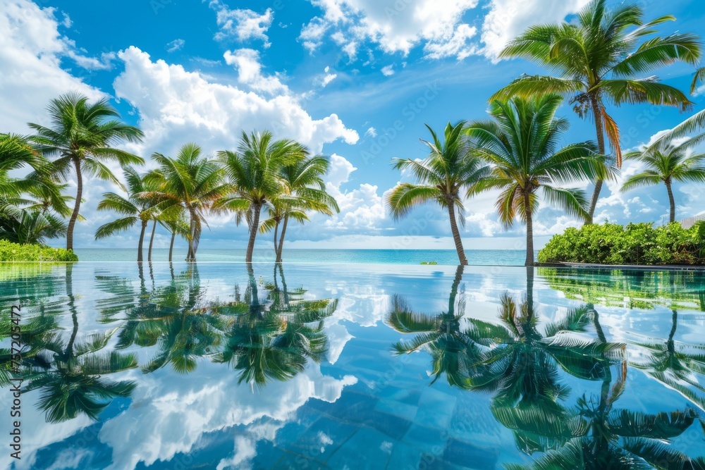 Beautiful lush tropical palm trees against blue sky with white clouds are reflected in turquoise water on sunny day. Colorful image for summer vacation.