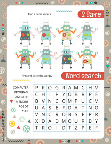 Printable Activity Page for kids. Activity Sheet with Robot Activities – find two same robots, word search. Vector illustration. © Nursery Art