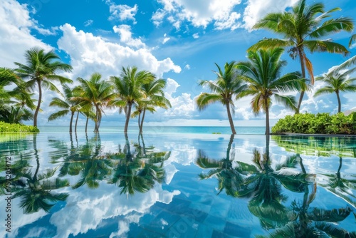 Beautiful lush tropical palm trees against blue sky with white clouds are reflected in turquoise water on sunny day. Colorful image for summer vacation.