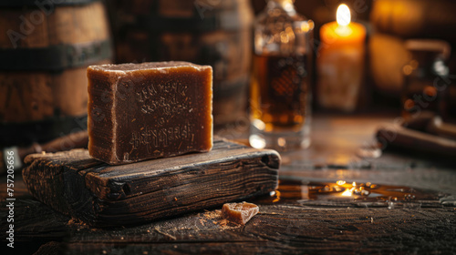 Handcrafted bar soap rests on aged wood, accompanied by candles and a brown bottle in a warm ambiance