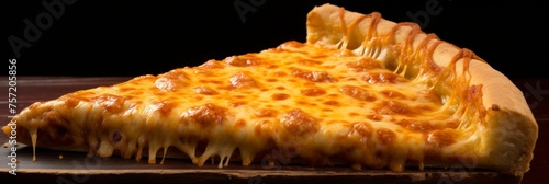 Delicious melty cheese pizza slice with tomato sauce for banner or advertisement