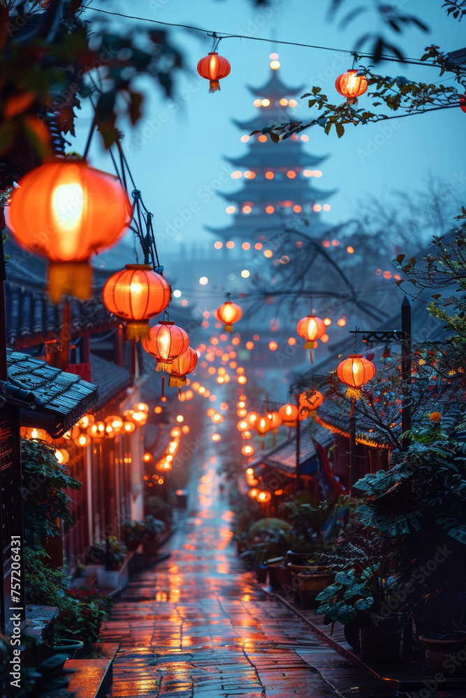 In Asia's vibrant towns, traditional lanterns illuminate the night, adding a colorful touch to cultural celebrations.