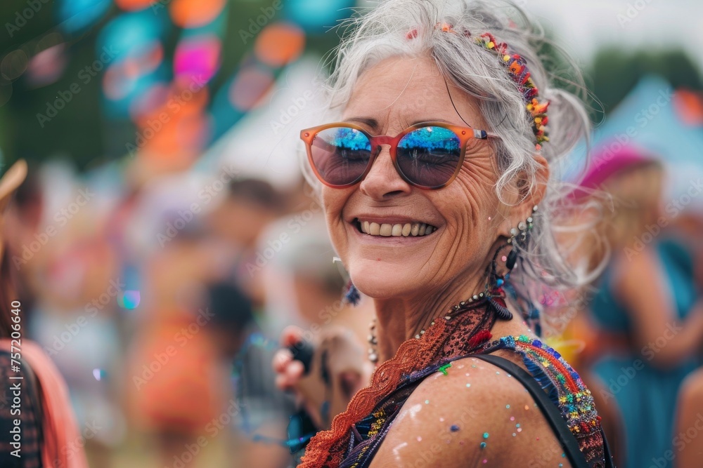 Beautiful senior woman having fun at music festival Beautiful senior woman having fun at music festival