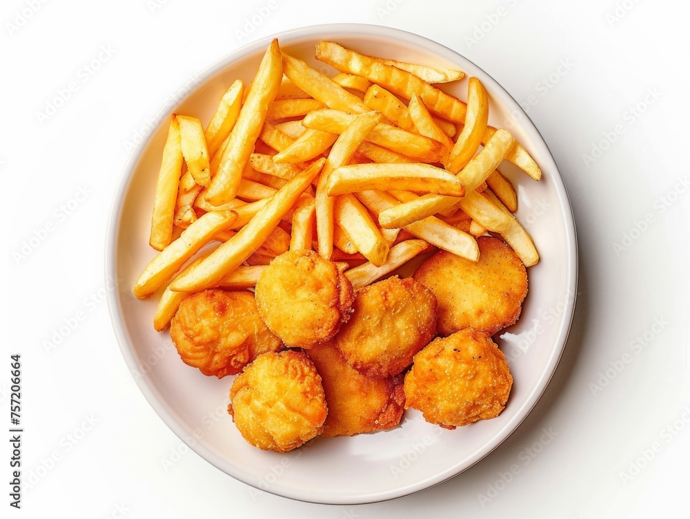 Plate of nuggets and french fries isolated on a white background Plate of nuggets and french fries isolated on a white background