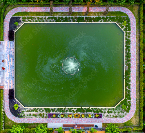 Aerial Symphony: A Spectacular Reservoir with a Majestic Fountain photo