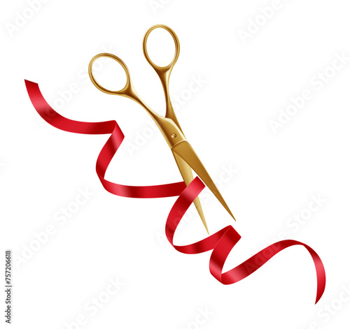 Golden Scissors and Red Ribbon. Grand Opening Ceremony